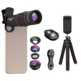 Set lentile 4 in 1 profesionale Apexel APL-T18BZJ5 - 4 in 1 Telecomanda, Obiectiv 18x, 0.63x Wide + Macro 15X, FishEye 198 grade, cu clip universal pe