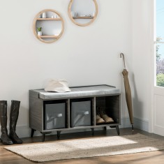 HOMCOM Dulap de pantofi de intrare din PAL si metal cu 3 rafturi deschise, 2 sertare si scaun captusit, 90x34x48 cm, gri foto