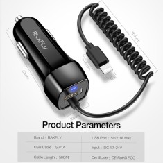 Incarcator Auto RXFLY 2.1A cu Cablu Spiralat Lightning pentru iPhone, 12-24V, Negru foto