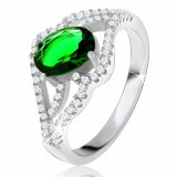 Inel cu ştras oval, verde, braţe ondulate, cu zirconiu, argint 925 - Marime inel: 54