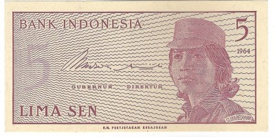 Bancnota 5 sen 1964 - Indonezia, UNC foto