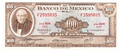 Mexic 100 Pesos 1972 P-61 Seria 2595035 foto