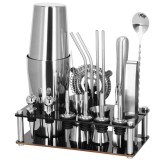 Set barman 14 piese din inox, cu shaker 750 ml, dozatoare, ustensile si suport, pentru cocktailuri, gri Household NewTrend