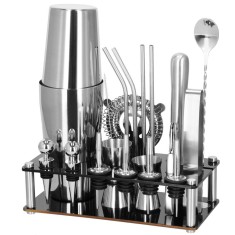 Set barman 14 piese din inox, cu shaker 750 ml, dozatoare, ustensile si suport, pentru cocktailuri, gri Household NewTrend