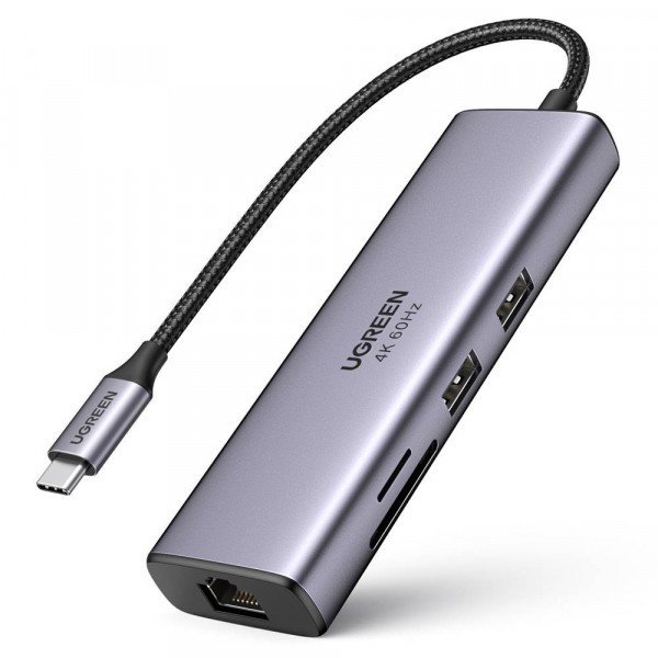 Hub USB-C UGREEN CM512 (60515), 2 x USB-A 3.0 - 1 x USB-C - 1 x HDMI - 1 x SD - 1 x microSD - RJ45, Gri