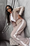 Cumpara ieftin Compleu Smart Casual Crem cu Dungi Laterale , Sacou Crop si Pantaloni Largi pentru Toamna