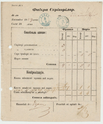 Romania Moldova 1859 document postal Factura Scrisorilor stampile Iasi si Tecuci foto
