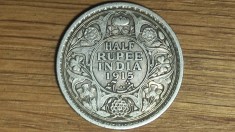 India Britanica - moneda rara de colectie argint 917 - 1/2 half rupee 1915 Calcutta - George V - anul cheie al seriei, valoare catalog uriasa !