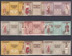 ROMANIA 1958 LP 462 a LP 462 d COSTUME NATIONALE TRIPTIC CU VINIETA SERII MNH foto