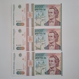 trei bancnote consecutive 1000 lei 1993 UNC necirculate, perfecte