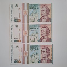 trei bancnote consecutive 1000 lei 1993 UNC necirculate, perfecte