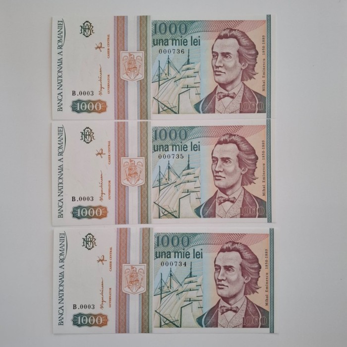 trei bancnote consecutive 1000 lei 1993 UNC necirculate, perfecte