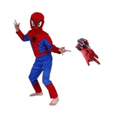 Set costum si manusa lansator cu 7 ventuze din burete SpiderMan, marime 7-9 ani, rosu