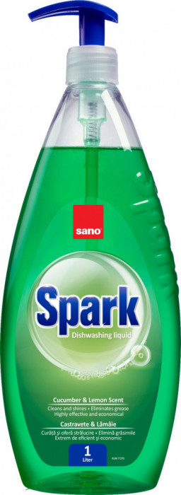 Detergent Lichid Pentru Degresarea Vaselor,1 Litru, Sano Spark - Cu Miros De Castravete Si Lamaie