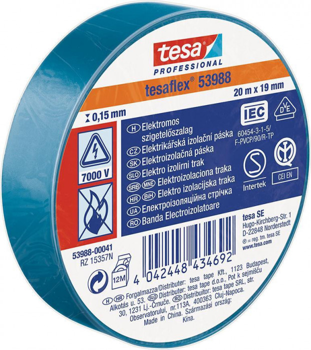 Tesa PRO tesaflex, bandă electrică, adezivă, PVC, 19 mm, albastru, L-20 m