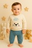Costum Teddy Bear pentru baieti, bluza bej si pantaloni bleu - Set confortabil