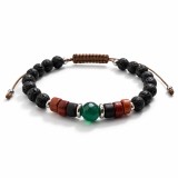 Bratara barbati din jad verde, ceramica si margele negre din roca vulcanica