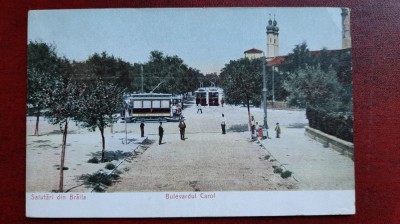 Braila-1908-B-dul Carol,tramvaie,animatie-C.P.circ.-perf.-RARA foto