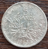 (A137) MONEDA DIN ARGINT FRANTA - 5 FRANCS 1963, SEMANATOAREA, 12 GRAME, AG 835, Europa