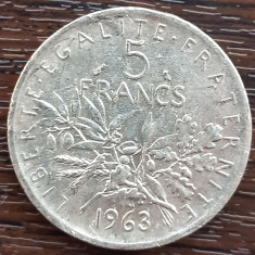 (A137) MONEDA DIN ARGINT FRANTA - 5 FRANCS 1963, SEMANATOAREA, 12 GRAME, AG 835