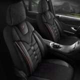 Set Huse Scaune Auto pentru Audi S8 - Panda Toronto, tip Alcantara, cu fermoare pentru bancheta rabatabila, negru cu cusatura rosie, 11 piese