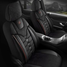 Set Huse Scaune Auto pentru Tesla X - Panda Toronto, tip Alcantara, cu fermoare pentru bancheta rabatabila, negru cu cusatura rosie, 11 piese foto