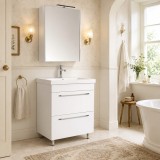 Set mobilier baie cu lavoar ceramic, GN0541, front MDF, 2 sertare, 60 cm, picioare cromate reglabile si dulap cu oglinda GN5011, MDF, iluminare led, c
