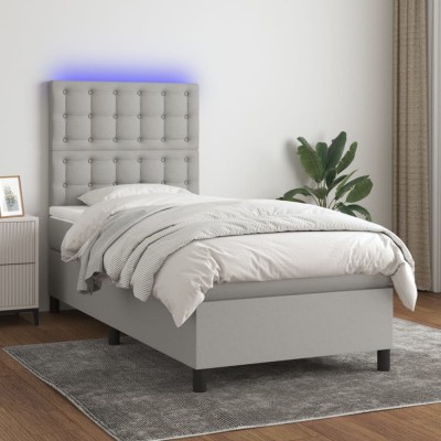 vidaXL Pat cu arcuri, saltea și LED, gri deschis, 100x200 cm, textil 3135173 foto