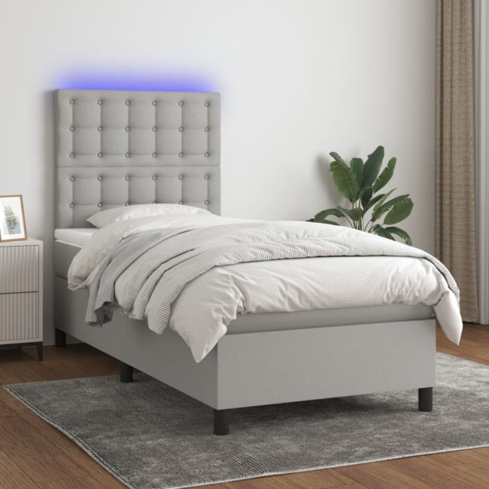 vidaXL Pat cu arcuri, saltea și LED, gri deschis, 100x200 cm, textil 3135173