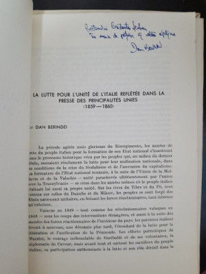 La lutte pour l*unite de l*Italie refletee dans la presse des principautes unies (1859-1860) - Dan Berindei cu dedicatie foto