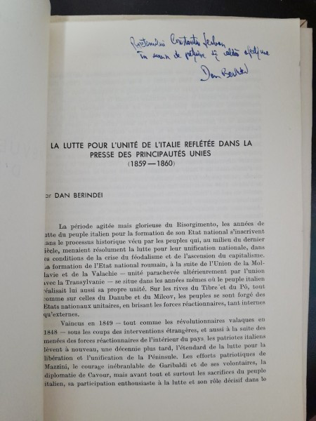 La lutte pour l*unite de l*Italie refletee dans la presse des principautes unies (1859-1860) - Dan Berindei cu dedicatie