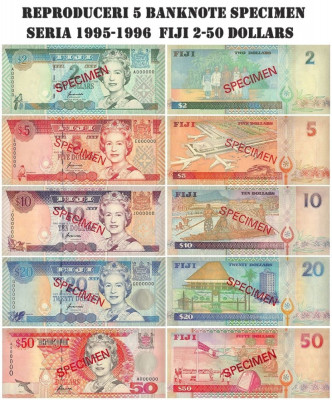 Reproduceri 5 Banknote Specimen Seria 1995-1996 Fiji 2-50 Dollars foto