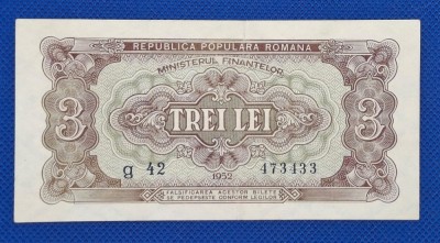 Bancnota 3 lei 1952, seria g.42 473433 - stare foarte bună foto