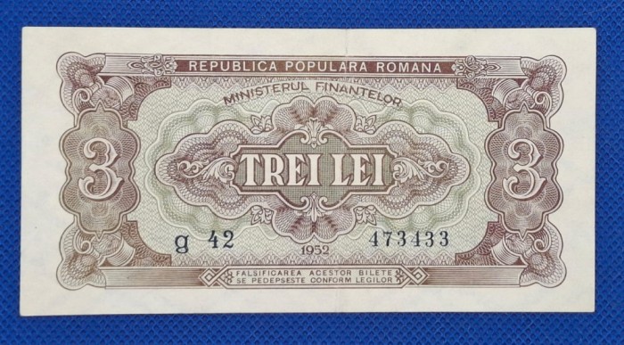 Bancnota 3 lei 1952, seria g.42 473433 - stare foarte bună