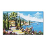 Tablou peisaj mediteranean cu iole pictat manual, Zi insorita de vara, 100x60cm ulei pe panza, Constantin Feraru
