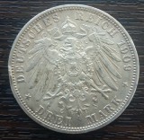 (A742) MONEDA DIN ARGINT GERMANIA, PRUSIA - 3 MARK 1909, LIT. A, WILHELM II