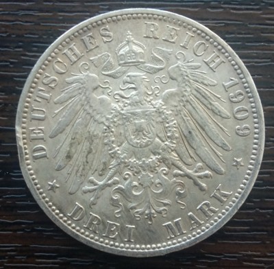 (A742) MONEDA DIN ARGINT GERMANIA, PRUSIA - 3 MARK 1909, LIT. A, WILHELM II foto