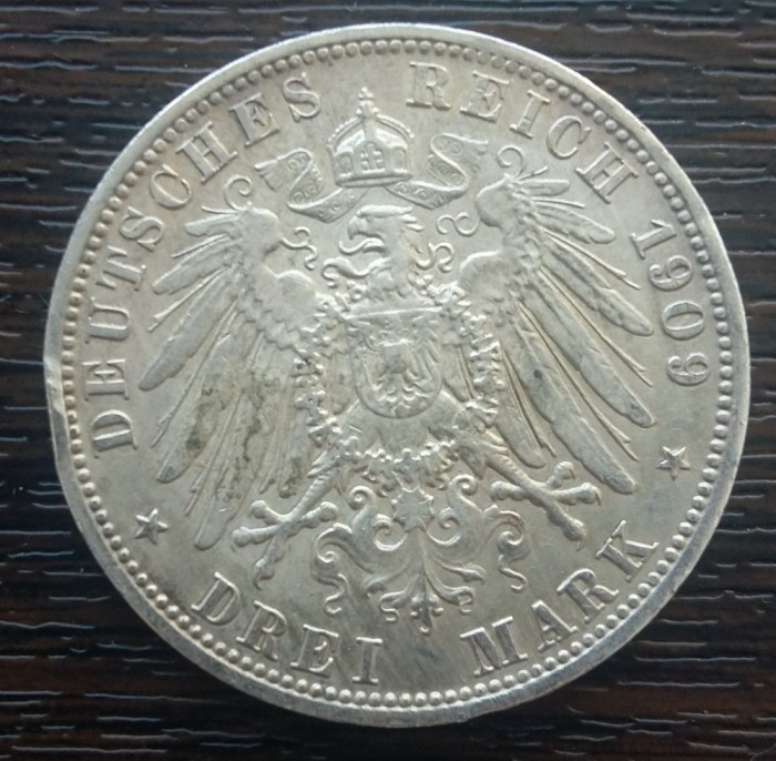 (A742) MONEDA DIN ARGINT GERMANIA, PRUSIA - 3 MARK 1909, LIT. A, WILHELM II