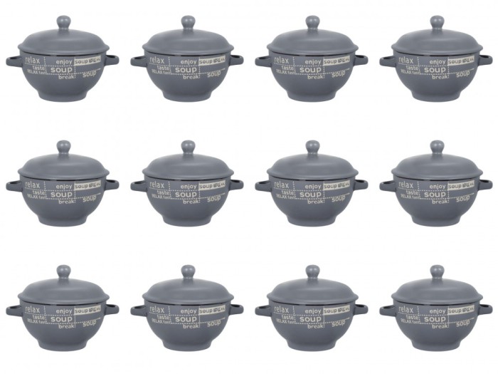 Set boluri supa, 12 piese, 650 ml, Ceramica, Gri bej