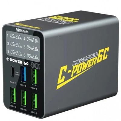 Incarcator Statie Mechanic 6C with Display, 40W, 3A, 1 x USB-C - 5 x USB-A, Negru foto