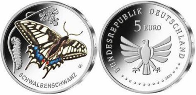 Germania 2023 - 5 euro G, fluture mahaon, UNC foto