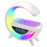 Cumpara ieftin Lampa ambientala LED RGB 23.8 x 23.5 x 8 cm, incarcare wireless Qi 15W, difuzor Bluetooth, radio FM, ceas digital si alarma, 7 efecte luminoase