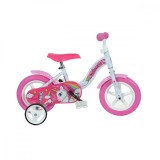 Bicicleta Copii 10 Inch Unicorn Dino Bikes, 2-3 Ani, Roti Ajutatoare, Fete, Cadru Aliaj, Fabricata in Italia