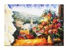 Tablou flori la fereastra pictat manual, Florile te asteapta pe tine, 70x50cm ulei pe panza, Superb