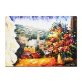 Tablou flori la fereastra pictat manual, Florile te asteapta pe tine, 70x50cm ulei pe panza, Superb