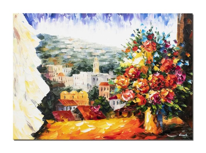Tablou flori la fereastra pictat manual, Florile te asteapta pe tine, 70x50cm ulei pe panza, Superb
