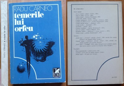 Radu Carneci , Temerile lui Orfeu , 1978 , ed. 1 cu autograf catre Vlaicu Barna foto