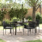 Set de dining pentru grădină , 5 piese cu perne, negru, din ratan sintetic.