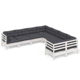 Set mobilier de gradina cu perne, 8 piese, alb, lemn masiv pin