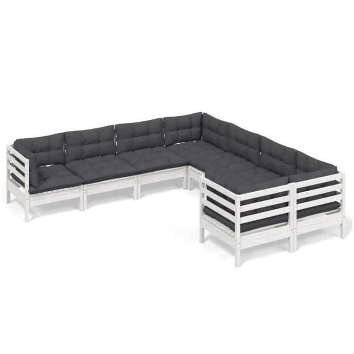 Set mobilier de gradina cu perne, 8 piese, alb, lemn masiv pin